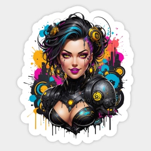 Futuristic Cyberpunk female warrior retro vintage poster design Sticker